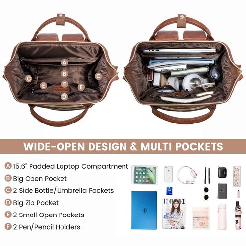 LOVEVOOK Leather Laptop Backpack for Women 17 inch, Travel Backpack Purse, Professional College Business Work Bag with USB Port, Red Brown