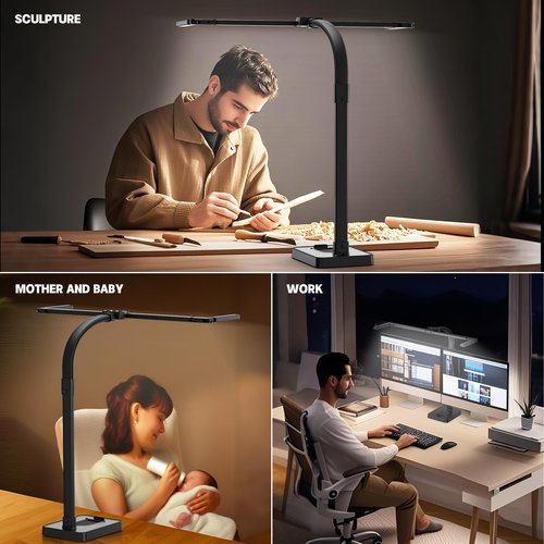 sandiea LED Desk Lamp for Home Office, 24W Bright Foldable Desk Lamp with Base,25 Lighting Modes Eye-Caring Desk Light Adjustable Gooseneck Lamp for Drafting Reading Study(B)
