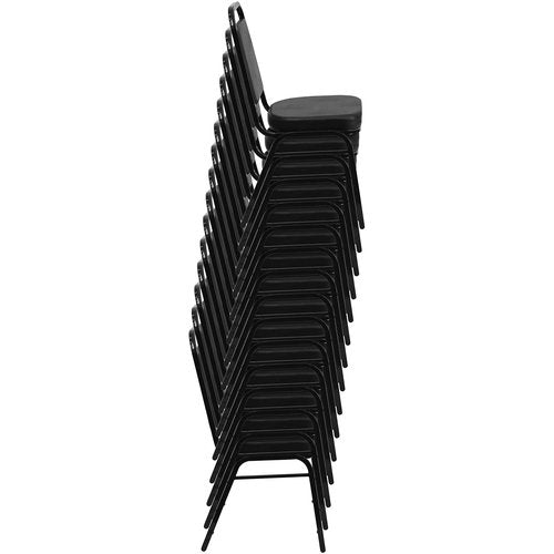 EMMA + OLIVER Trapezoidal Back Vinyl Stackable Banquet Chair, Multipurpose Stacking Chair with Padded Seat and Back, Black