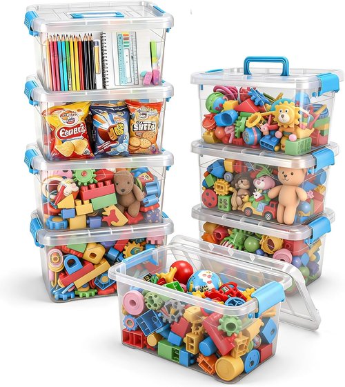 Jetec 8-Pack Clear Plastic Storage Bins - Stackable Organizer with Lids & Blue Handles | 6.5 Qt, 11.02 x 7.48 x 6.02''