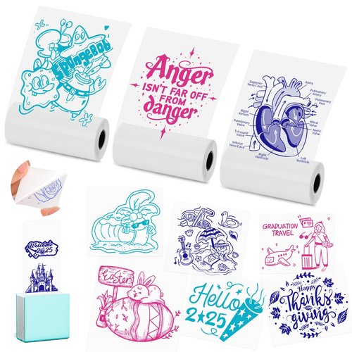 HUIJUTCHEN T02 Mini Thermal Sticker Paper- Colorful Text Transparent Printing Paper,Compatible with Phomemo M02/M02X/M02L Label Printer for Photo/Note/DIY/Memo,3 Rolls,53mm,Blue,Pink,Green