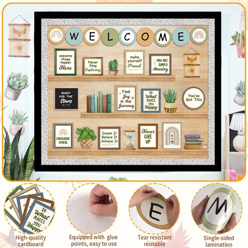 Welcome Back to School Bulletin Board Decorations, Boho Classroom Decor, Greenery Plant Bookshelf Inspirational Affirmation Cutouts for Teacher Welcome School Supplies Classroom Door Wall Decor