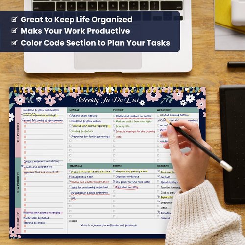 Weekly To Do List Notepad with 52 Undated Sheets（8.5"×11"）- Undated Weekly Planner Notepad for Office Desk Accessories and Supplies - Navy Blossom