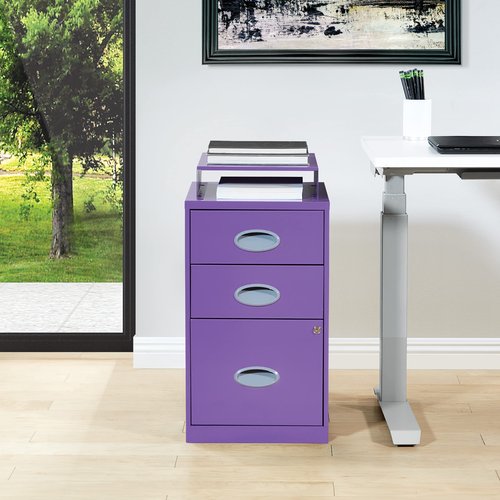 OSP Home Furnishings 3 Drawer Locking Metal File Cabinet with Top Shelf, Purple