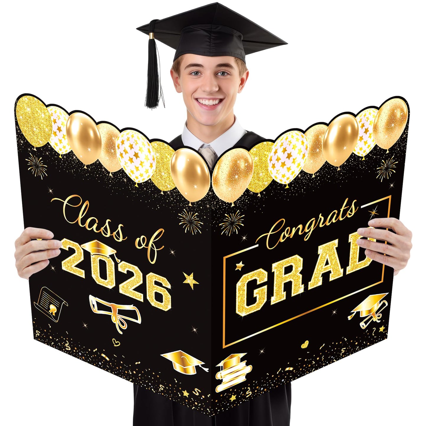 Jumbo Graduation Card Guest Book with Envelope, Class of 2026 Big Folded Congrats Grad Signature Card for Graduation Party Decorations, Large Greeting Card for High School College Graduates Black Gold