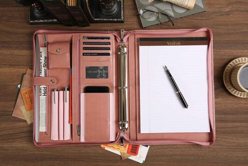 Pink Leather Padfolio for Women, Business Leather Binder 3 Ring Portfolio, Personalzied Leather Portfolio Binder, Zippered Portfolio Organizer for A4 Letter Size Notepad & 13-inch Laptop/Tablet