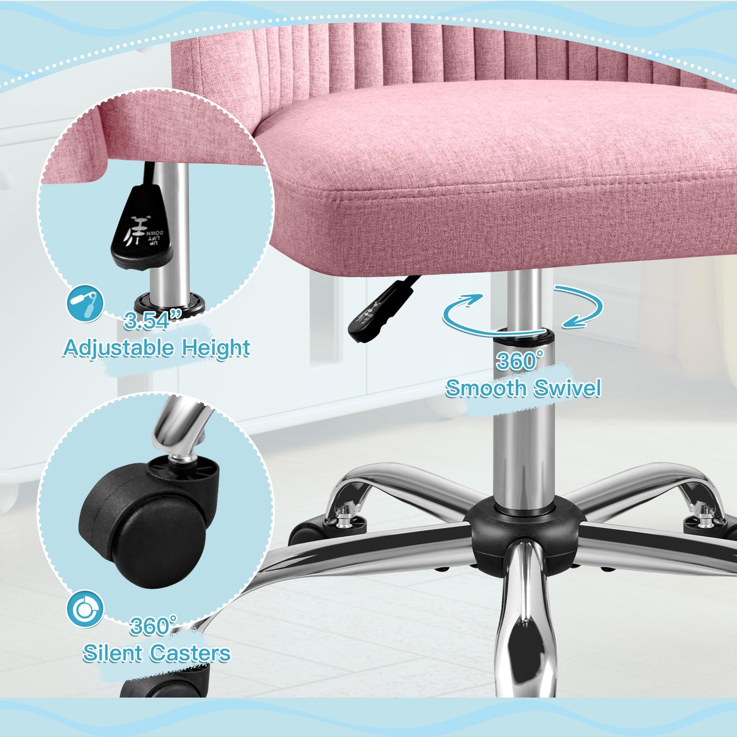 Furniwell Office Chair Armless Cute Desk Chair Modern Adjustable Swivel Vanity Task Computer Chair Home Office Desk Chairs with Wheels (Fabric, Pink)