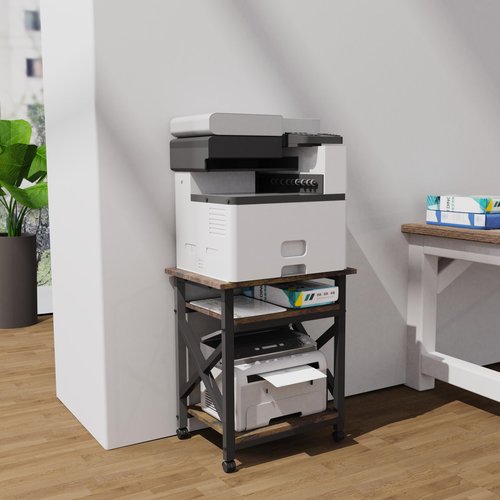 MILEFA Large 23.6 x 23.6 Inches Printer Stand with 3 Tiers, Height Adjustable Storage Shelf, Rolling Printer Cart with Industrial Wheels - Rustic Brown Home Office Printer Table