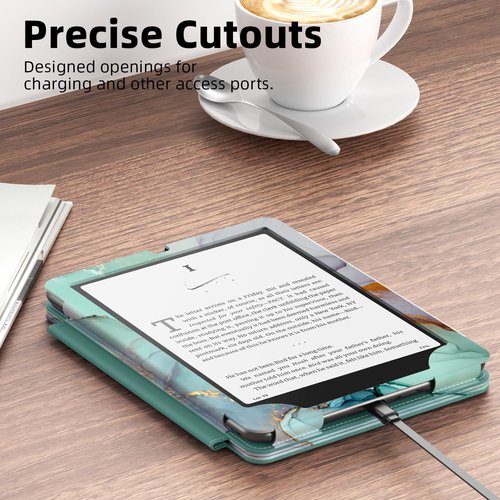 Famavala Slim Foldable Stand Case for 7" inch 2024 with Auto Wake/Sleep, Hand Strap; not fit for Kobo Libra (Green Marble)