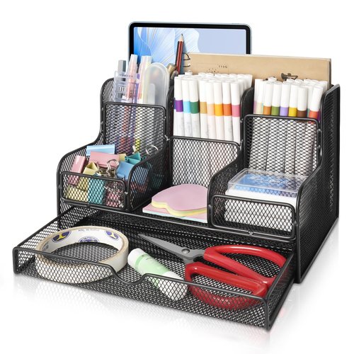 Essovee Black Mesh Desk Organizer Caddy and Accessories with 7 Compartments, Mesh Multifunctional Desktop Accessories Organizers Office Supplies Desktop Organizer for Home, Office