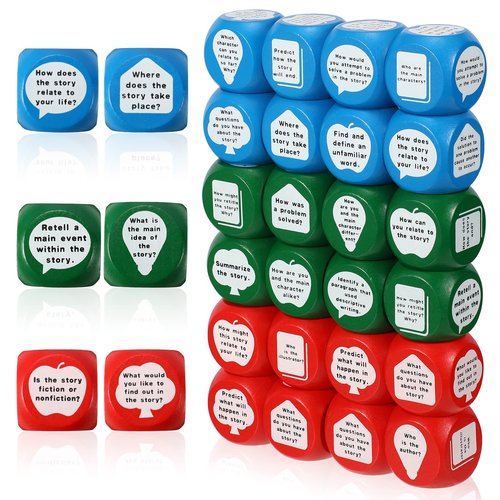 24pcs Reading Comprehension Cubes 3 Colored Language Reading Manipulatives Learning Cube Question Dice Tools for Elementary School Classroom Kids Teacher Teaching Supplies