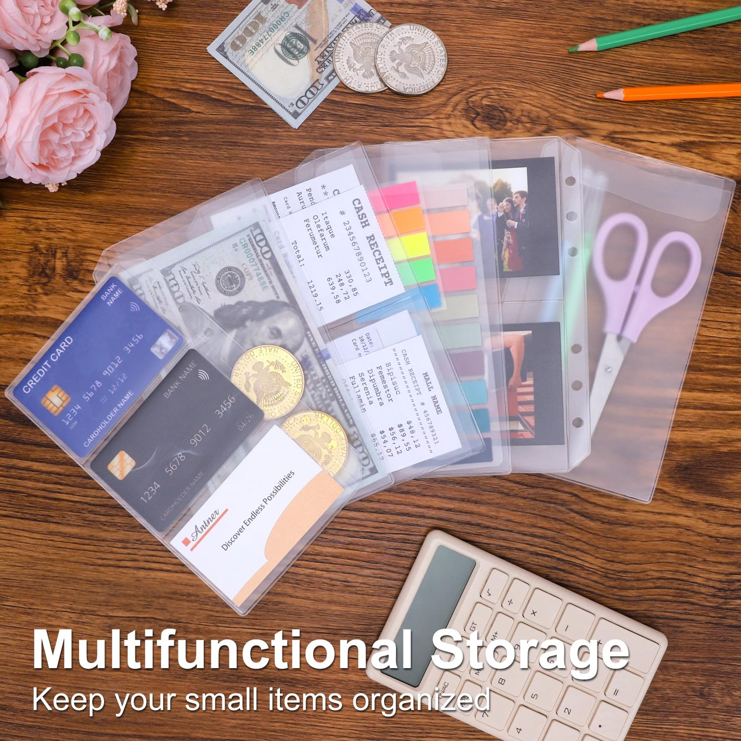 Antner 12PCS A6 Binder Pockets No Zipper Cash Envelopes for A6 6-Ring Binder, Zipless Money Folder Organizer Bill Pouches Business Card Sleeves Notebook Fillers Insert Pages for Cash Stuffing Binder
