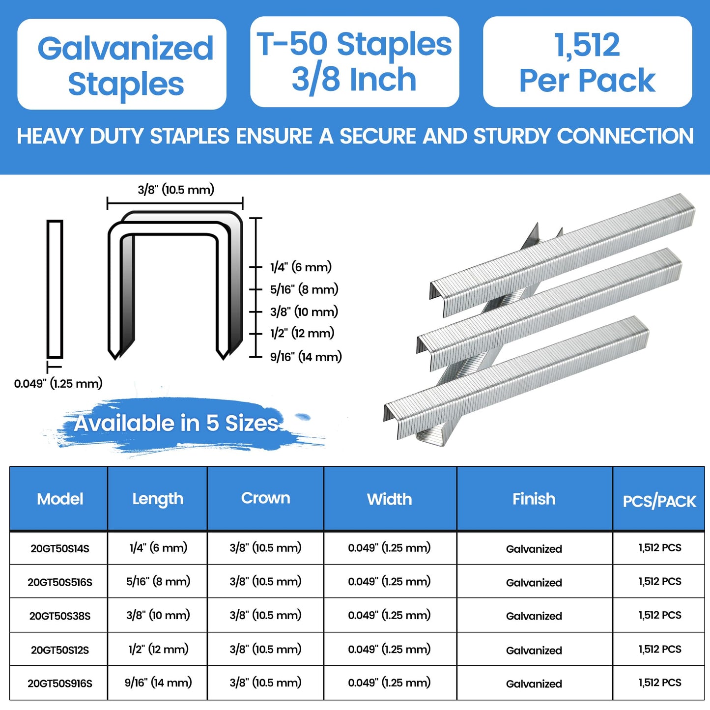 meite T50 Staples, 3/8 Inch Staples for Staple Gun, Heavy Duty Galvanized Staples, 20 Gauge 3/8" Crown, Compatible with T50 Staple Gun, Ideal for Upholstery, Construction, Furniture (1,512 Counts)