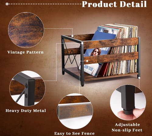 Y&M Vinyl Record Storage Crate, Wooden Storage Box, Classic Cube CD Albums Shelf Holder Organizer, Holds Up to 100+ Records, Magazine Rack for Desktop, Home, Office, Brown