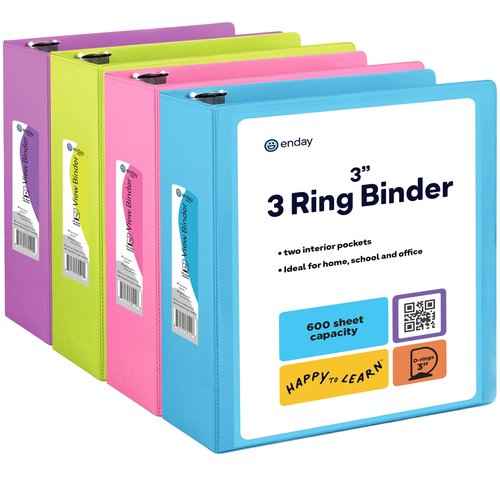 3 Inch Binder 3 Ring Binders, Slant D-Ring 3” Clear View Cover with 2 Inside Pockets, Heavy Duty Colored School Supplies Office and Home Binders Pink, Blue, Purple, Green (4 Pack) – by Enday