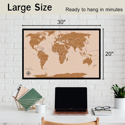 AdventureScape Push Pin Travel Map - Large 30" x 20" World Map Pin Board with Premium Push Pins Made from Framed Cork Board - Unique Custom Gift Idea for Travelers, Partner, Young Adults, and Parents