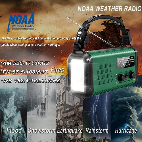 Emergency Weather Radio, 20000mAh/74000mWh Crank Radios, Solar Battery Powered Radio with AM/FM/NOAA, Portable Fast Phone Charger, Reading Lamp, SOS Alarm& Flashlight for Camping, Hiking (Green)