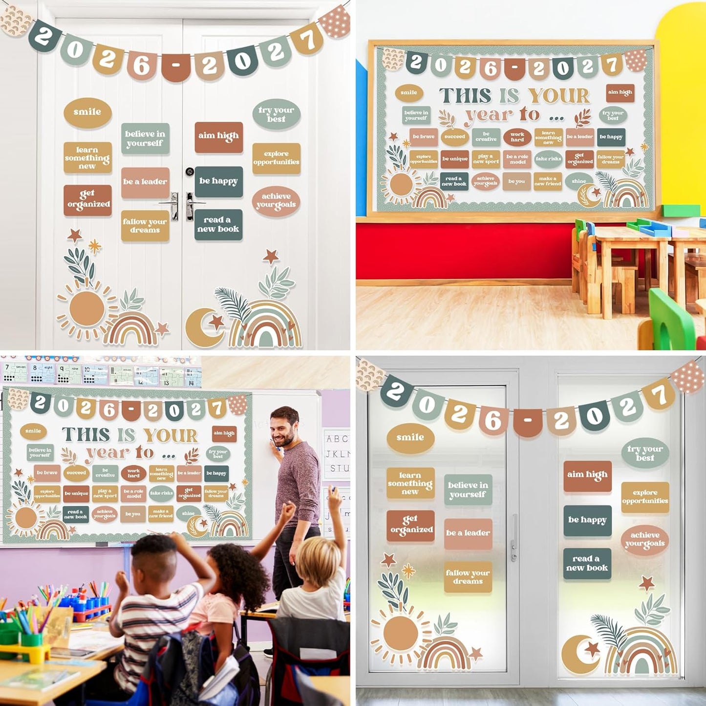 Skiennix Boho Bulletin Board Set - Inspirational Retro Decor for Classroom & Office | Welcome Back to School Cutouts
