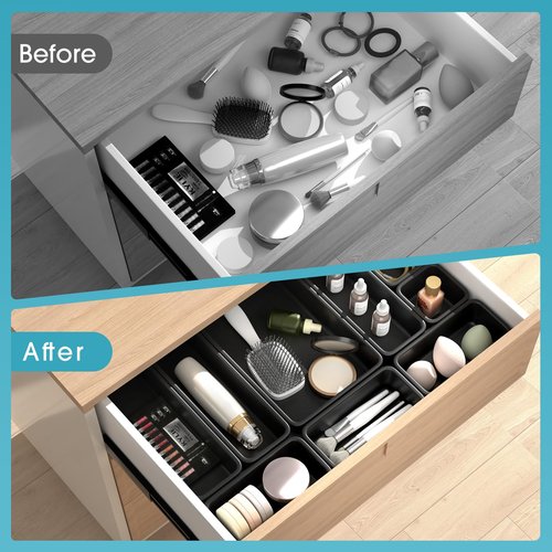 16 PCS Drawer Organizer Set, 4 Size Makeup Drawer Divider Organizer With Non-Slip Pads, Interlocking Plastic Storage Bins for Office,Jewelry Vanity,Gadgets, Bathroom,Kitchen, Black