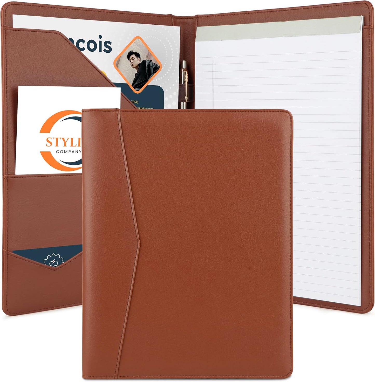 Stylio Padfolio | Elegant Tan Portfolio Organizer with Letter-Sized Notepad & Business Card Holder
