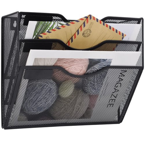 COSYAWN Wall File Holder 3 Pocket Mesh Hanging Wall Organizer Vertical Hanging File Folder Holder Magazine Rack with Nametag Label for Mail Paper Organization,Black