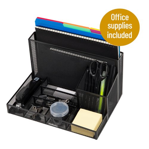 Mind Reader Desktop Organizer with Office Supplies Included, Vertical File, Storage, Metal, 12.5"L x 9"W x 7.25"H, Black