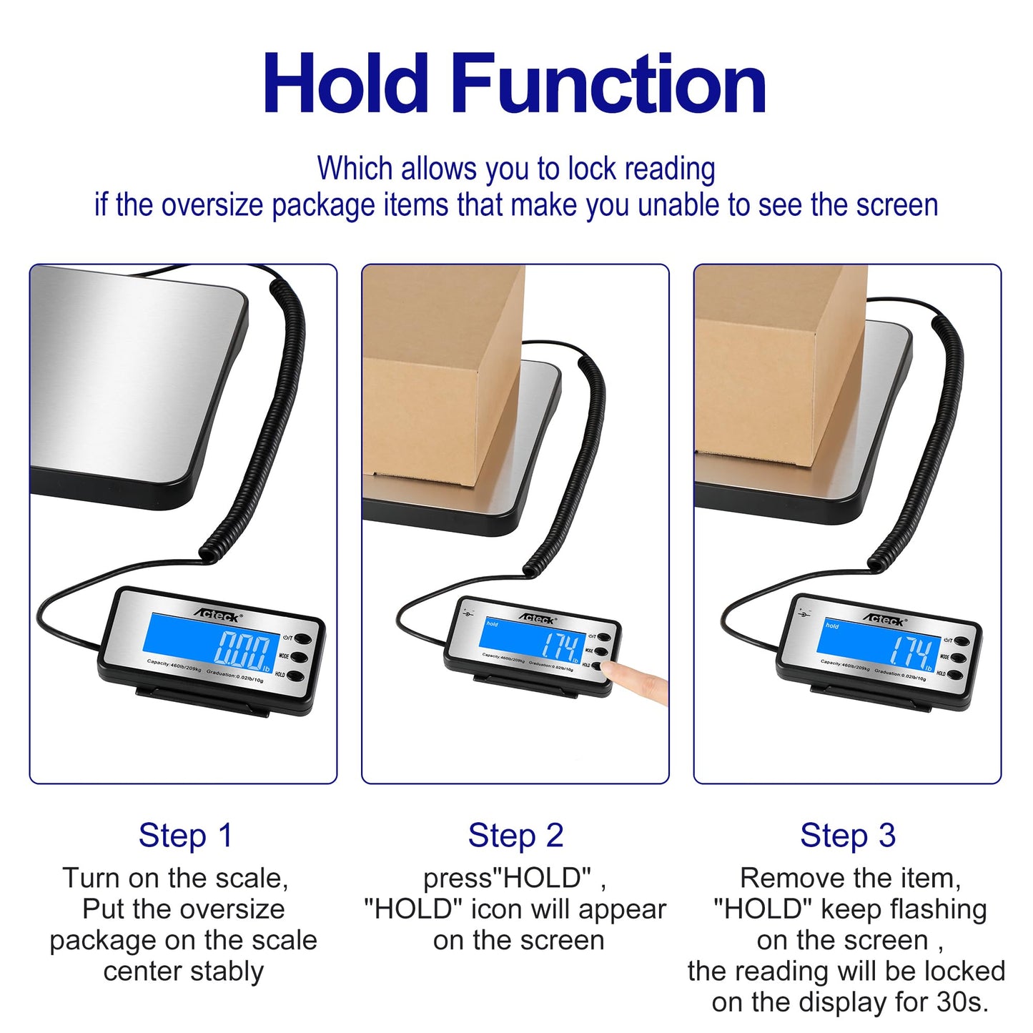 ACTECK Digital Shipping Postal Scale, 460 lb x1oz High Accuracy with Stainless Steel Platform, LCD Backlight, Four Reading Modes, Tare/Hold Function, Battery AC Adapter Incuded