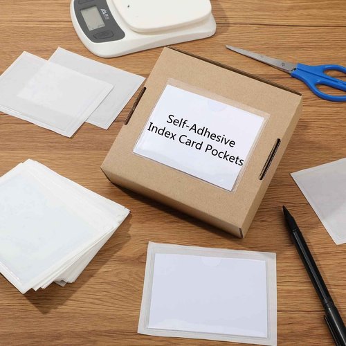 Outus 500 Pack Self Adhesive Index Card Holder Clear Plastic Label Pockets with Top Open for Loading Sticky Business Card Sleeves for Storage Bins Library Organizing Photo Protecting(3.6 x 4.8 Inch)