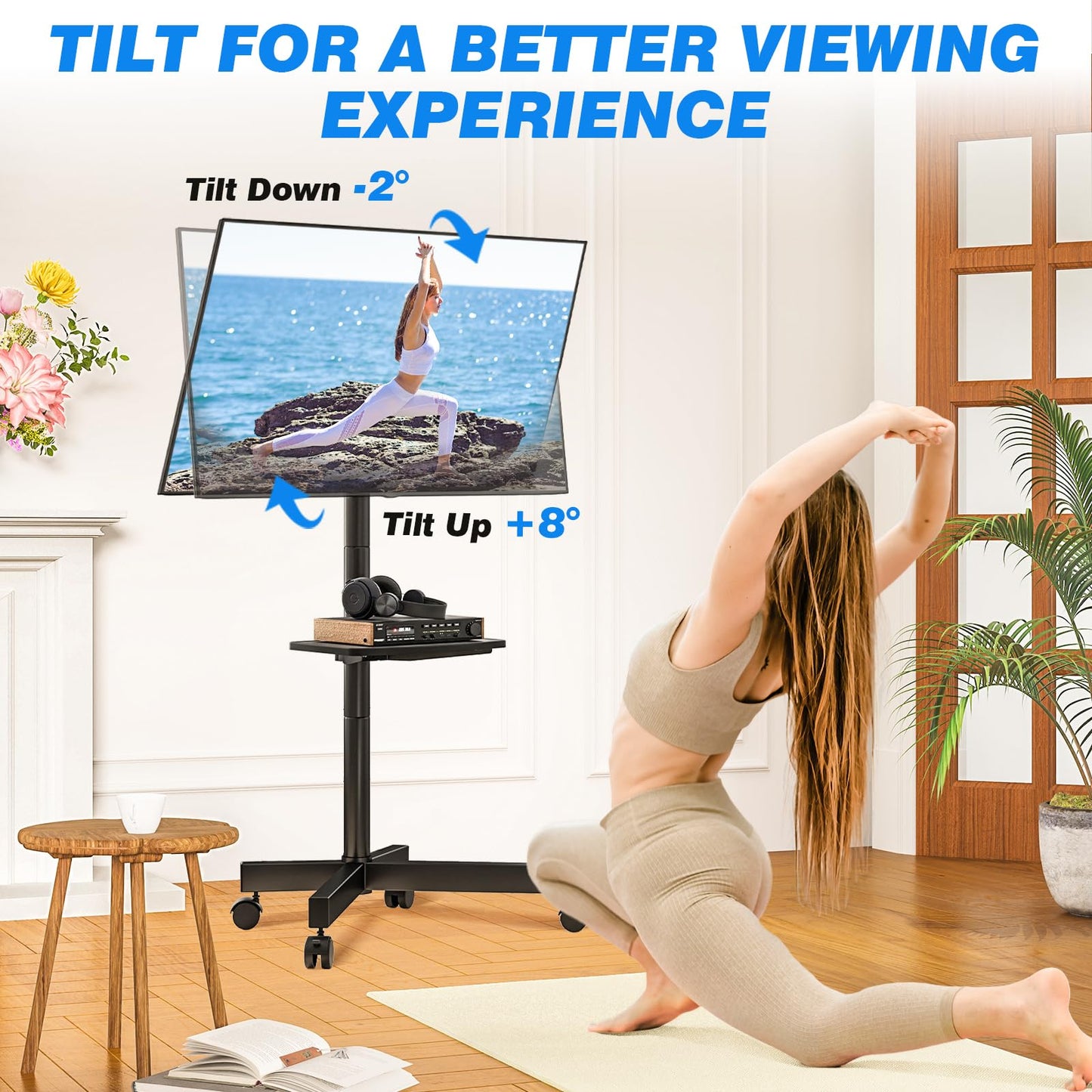 Rfiver Mobile TV Stand for 23-65 Inch LCD LED Flat/Curved Panel Screen TVs up to 88 lbs, Rolling TV Stand with Adjustable Shelf & Tilt, Portable Floor Stand on Wheels for Bedroom, Living Room, Office