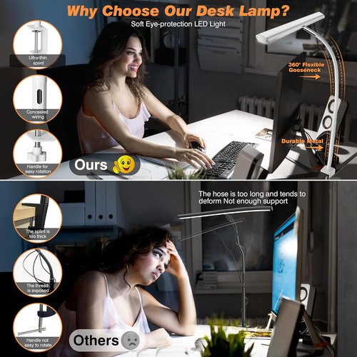 Airlonv LED Desk Lamp - Eye-Caring Adjustable Gooseneck Light with Stepless Dimming | 10W USB Clamp Lamp (White)