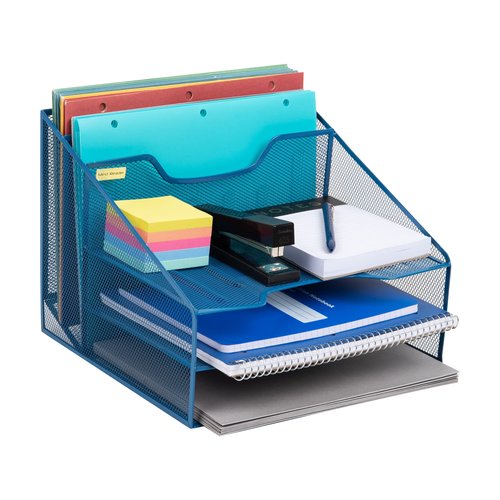 Mind Reader Metal Mesh Desktop File Organizer, 3-Tier Paper Tray with 5 Compartments, Office Mail Sorter, Turquoise