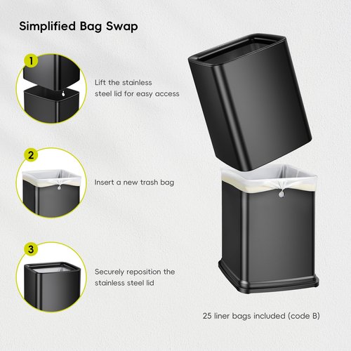 EKO Laguna 2.6 Gallon/10L Matte Black Stainless Steel Open Top Trash Can with Removable Inner Basket - Modern Bathroom & Office Waste Bin