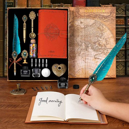 Aifeiter Quill Pen and Ink Set, Feather Calligraphy Set With Wax Seal Stamp, Notebook - Beautiful Gift for Christmas - Green