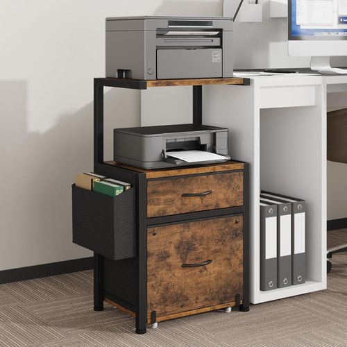 HIGDBFE Filing Cabinet - 2-Tier Printer Stand with Fabric Drawers & Side Bag - Rustic Brown, 16.5" W