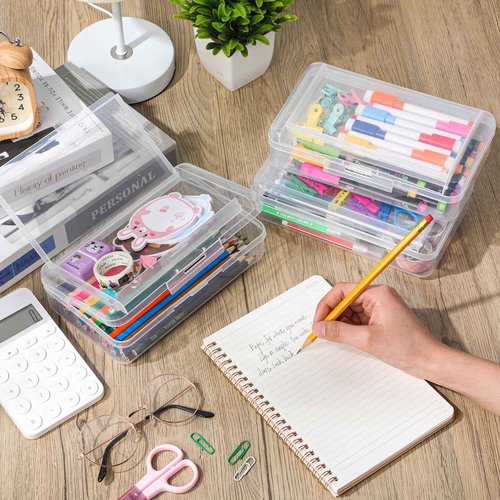 Blulu 25 Pack Double Layer Pencil Boxes Set, Large Capacity Plastic Pencil Cases with Snap-Tight Lid Plastic Pen Storage for Operation Christmas Donation Supplies Stationery Office Home(Clear)