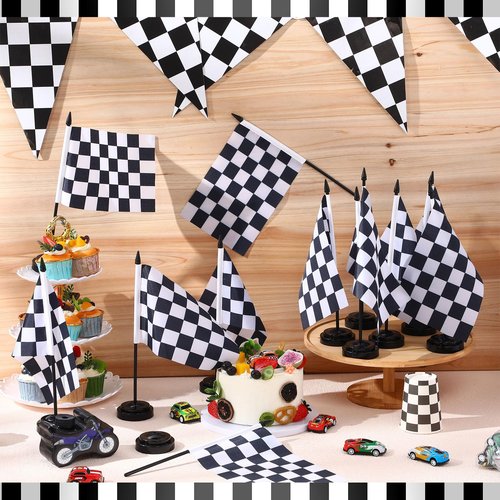 Mindsoft 12 Pcs Black and White Checkered Racing Stick Flag Checkered Flag Sets Mini Racing Office Table Stick with 12" Solid Pole Black Stand Base Decorations for Desk Car Party