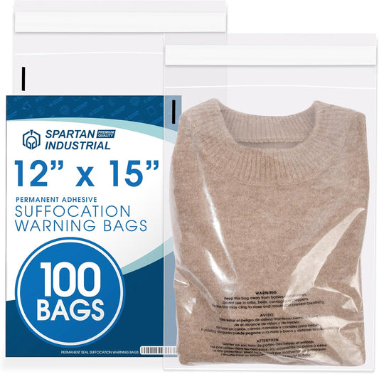 Spartan Industrial - Self-Seal Clear Poly Bags (12” X 15”, 100 Count) with Suffocation Warning | Ideal for T-Shirts & Shipping