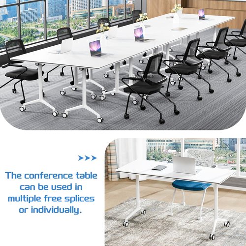 Movable Folding Conference Table - Modern Rectangular Design with Wheels | White, 47.2in for Office & Training Rooms