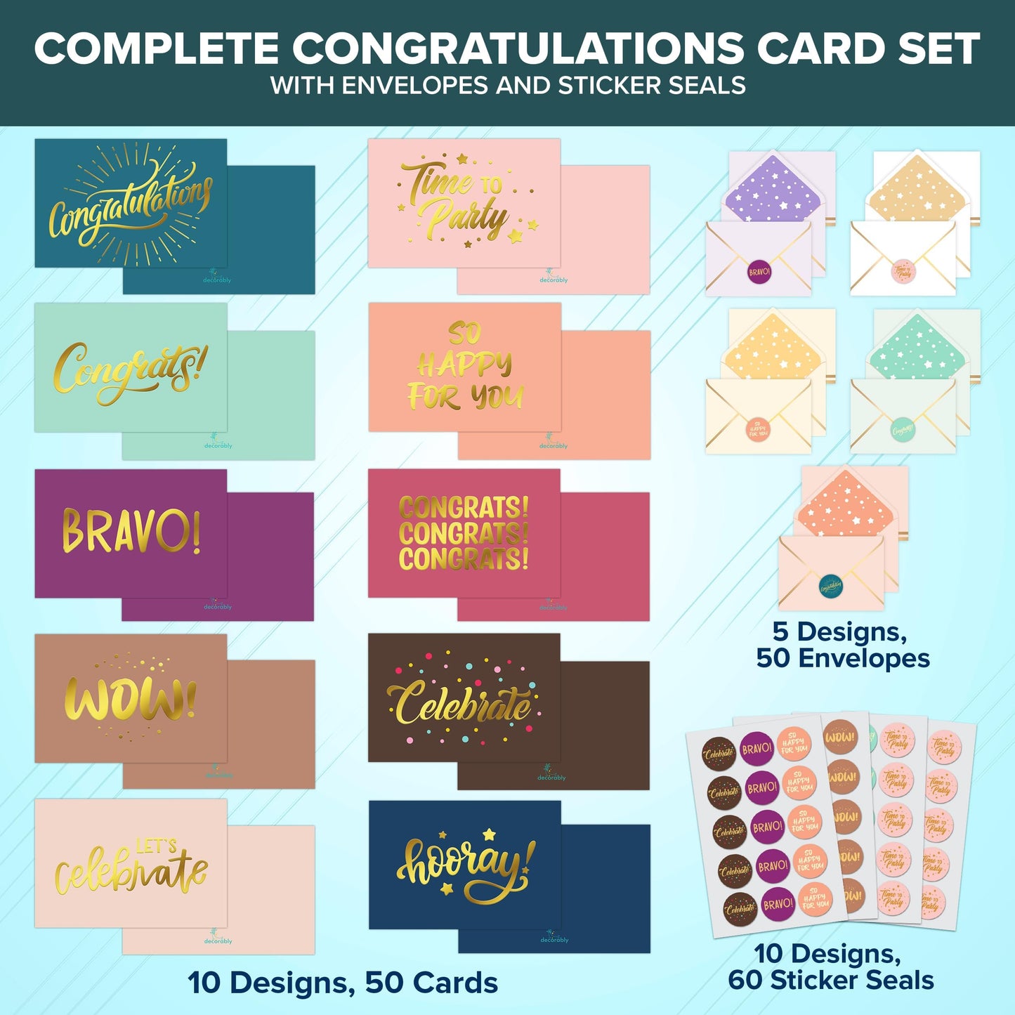 Decorably 50 Pack Gold-Foiled 6x4in Congratulations Cards with Envelopes & Stickers, 10 Elegant Designs, Blank Inside - Graduation, Engagement, Weddings, Milestones, Achievements, Gifting, Mailing