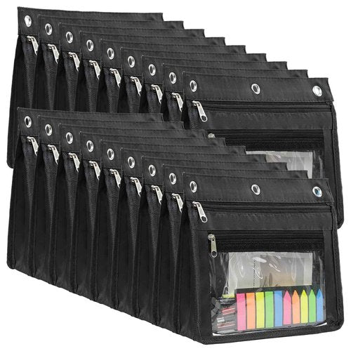 YoeeJob 18 Pack 1 Inch Expandable Zipper Pencil Pouches with Clear Window for 3 Ring Binder, Suitable for School & Office（Black）