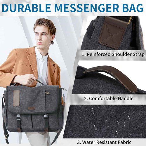 VX VONXURY 17 Inch Laptop Bag Mens Messenger Bag,Large Water Resistant Canvas Multipocket Satchel Shoulder Bag for Men, Business, Work, Travel, College