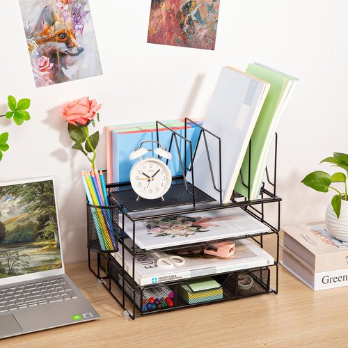 Housmile Desk Organizer, 5-Tier Desk Organizers and Accessories with File Sorters, Paper Tray, Drawer and Pen Holder, Anti-slip Silicone, Detachable File Organizer for Desk, Black