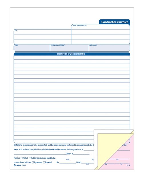 Adams Contractor’s Invoice Book, 3-Part, 50 Sets per Book, 50 Pages (ABFTC8122)