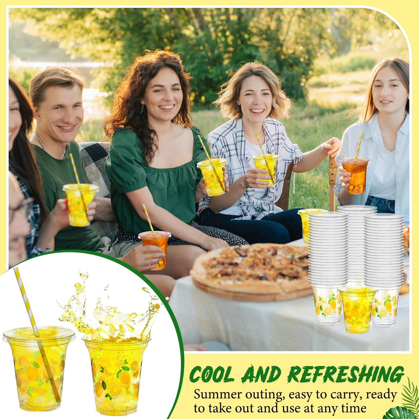 Umigy 100 Pack Plastic Disposable Cups with Lids and Straws 12 oz Disposable Cups for Juice Water Coffee Summer Party Sports Party Supplies(Lemonade)