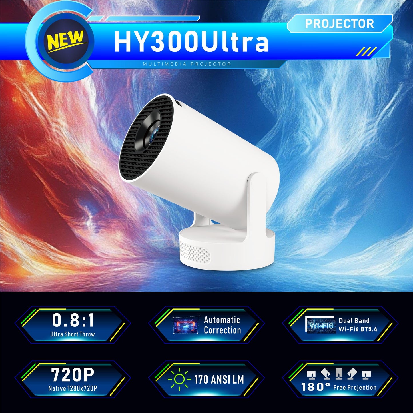 Mini Projector, HY300Ultra Portable Projector with WiFi 6 and Bluetooth 5.4, 4K Support,5W Soundbase Speaker, Android11.0, 180° Rotation, Compatible with TV Stick Smartphone HDMI