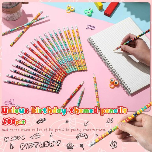Kosiz 400 Pcs Happy Birthday Pencils Colorful Printed Birthday Pencils with Top Erasers Perfect For Teachers Class Reward Party Kids Gifts Supplies