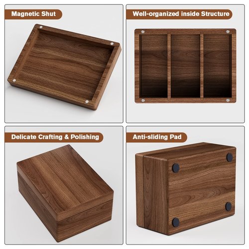 MaxGear Business Card Holder for Desk, 2.2" x 3.5" Walnut Wood Business Card Organizer, Index Cards Box Holds 300 Cards, 3 Divider Boards Includes A-Z Tabs, Desktop Organizers for Office & Home
