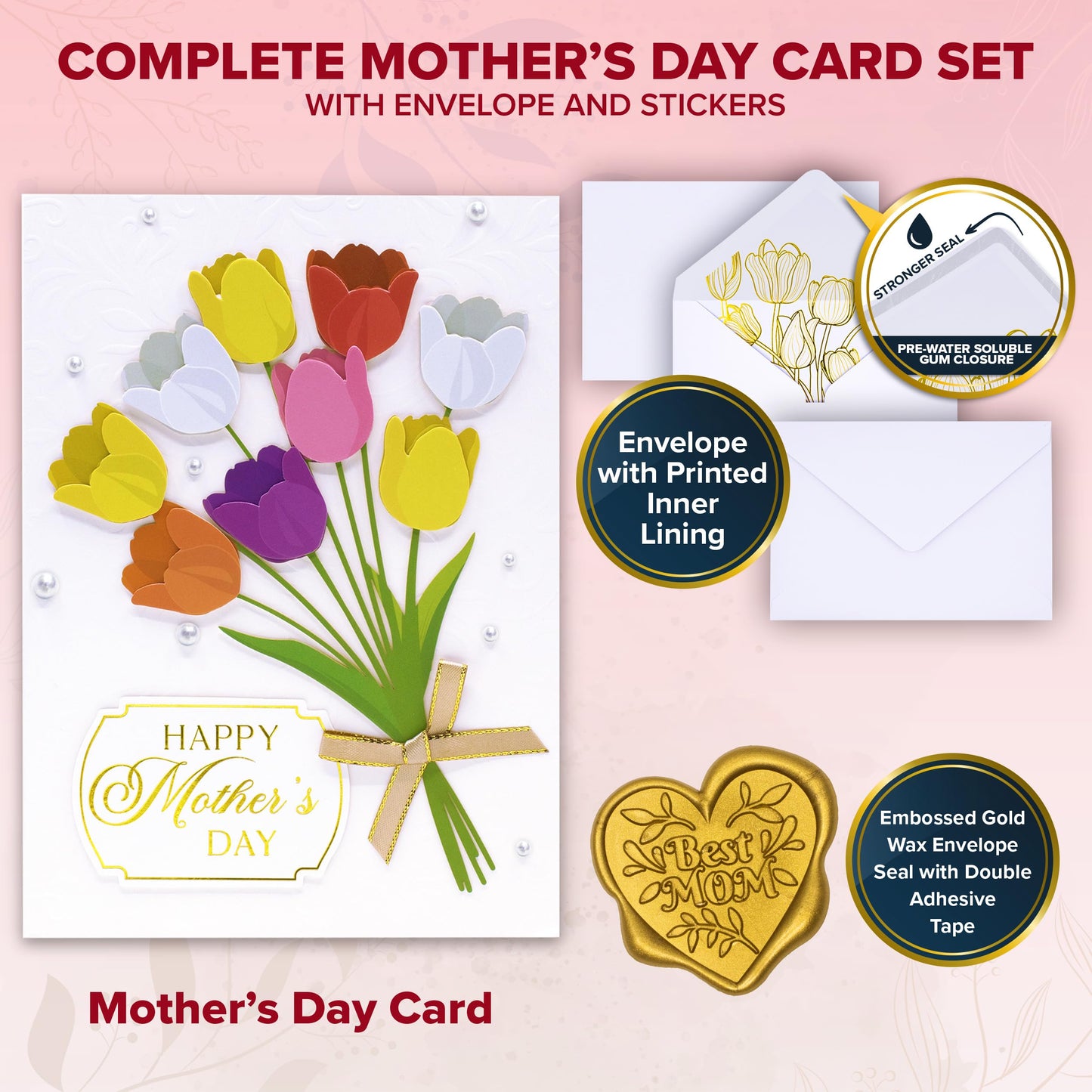 Decorably Gold-Foiled 5x7in Individual Mothers Day Cards for Daughter with Tulips Cutout, Ribbon & Pearls, with Envelope & Sealing Wax, Textured with Printed Message Inside - Gifting, Mailing