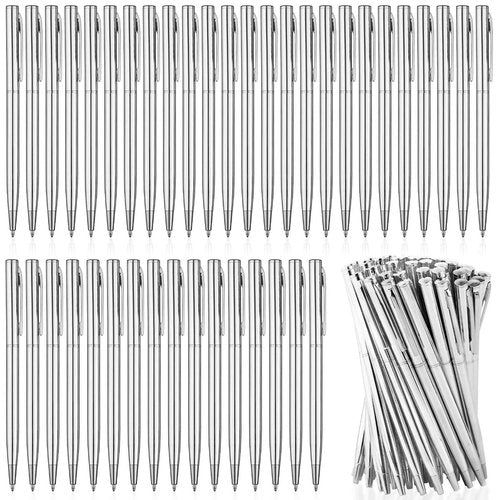 Enjamyo 100 Pcs Ballpoint Pens Bulk,Slim Metal Retractable Ballpoint Pens,1 mm Medium Point Smooth Writing Pen for Wedding Business Teachers Office Supplies,Black Ink (Silver)