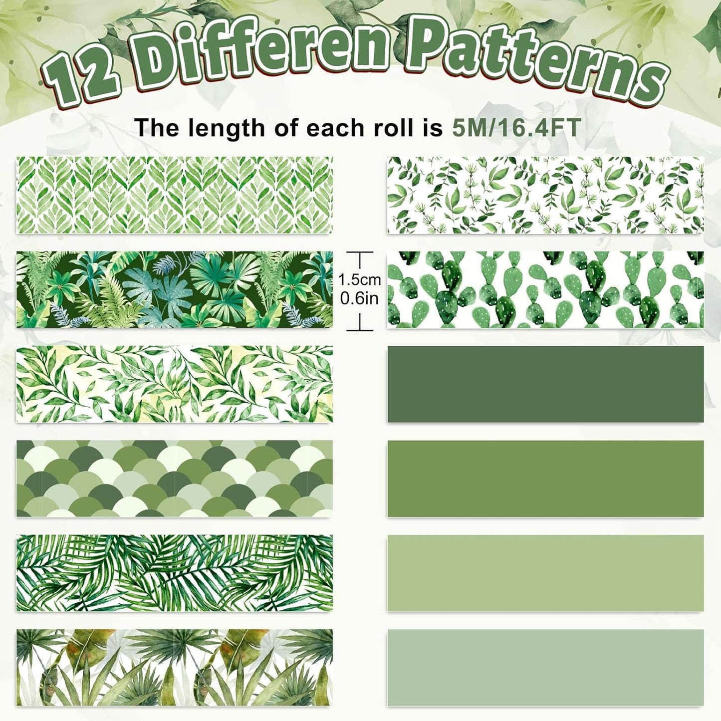Whaline Washi Tape Set - 12 Rolls of Green Leaves & Assorted Plant Designs for Scrapbooking & DIY Crafts
